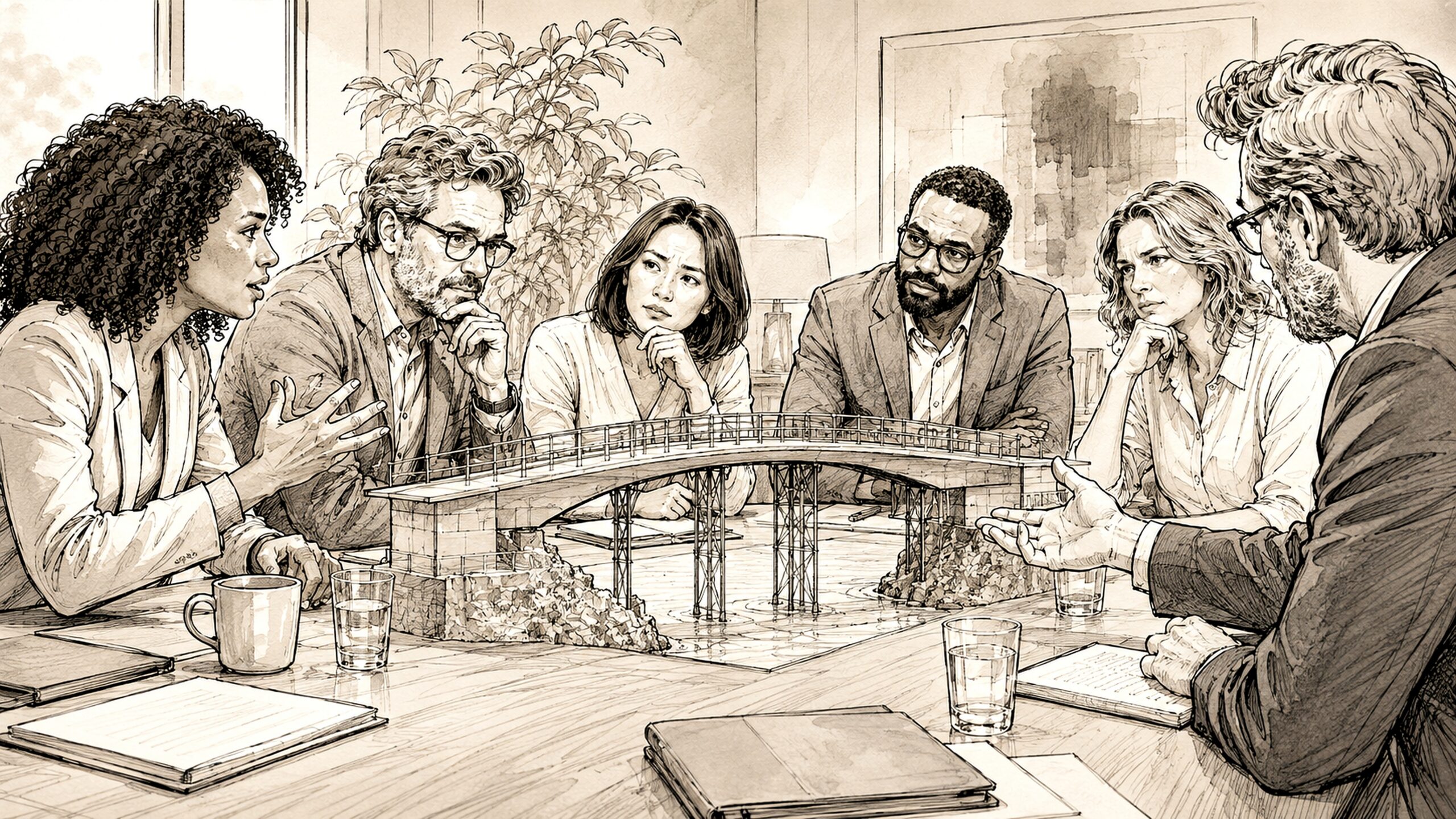Sketched illustration of an executive team gathered around a model bridge on a conference table